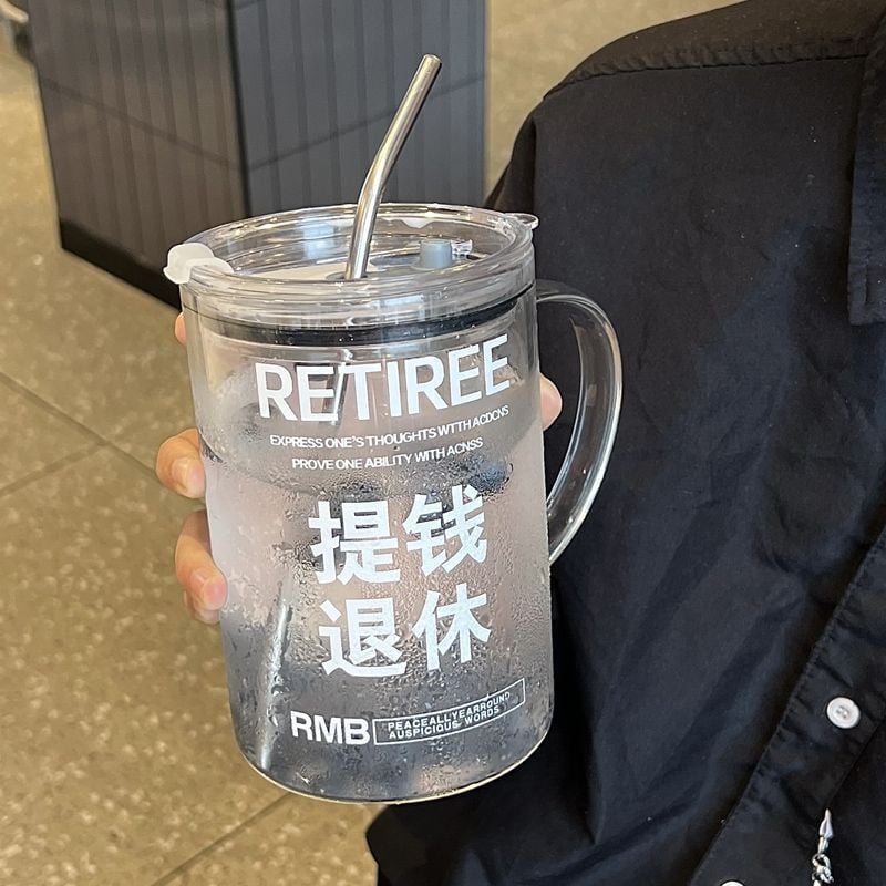Large Glass Cup withLid & Straw